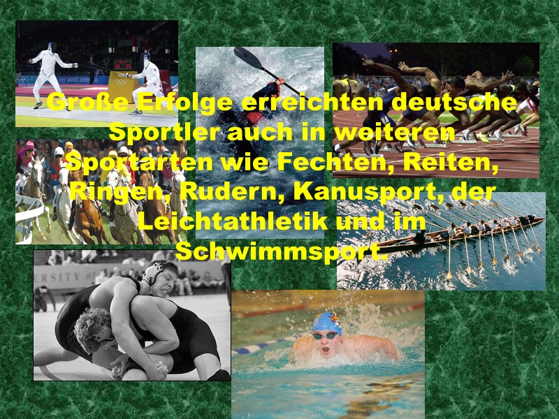 Große Erfolge erreichten deutsche Sportler auch in weiteren Sportarten wie Fechten, Reiten, Ringen, Rudern,